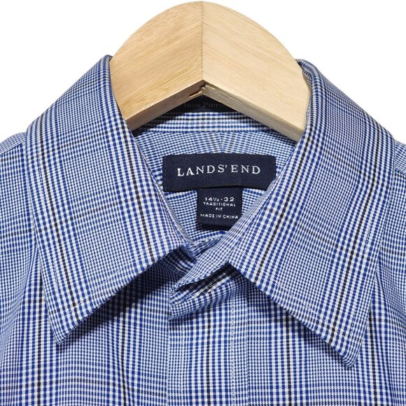 Lands End Men Blue Gingham Check Dress Shirt 14.5 32 Traditional Fit 100% Cotton - Picture 1 of 8